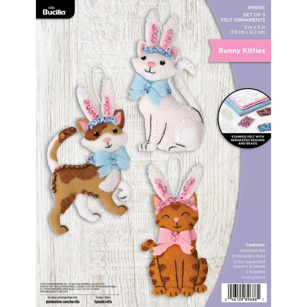 Bucilla Felt Ornaments Applique Kit Set Of 3 Bunny Kitties