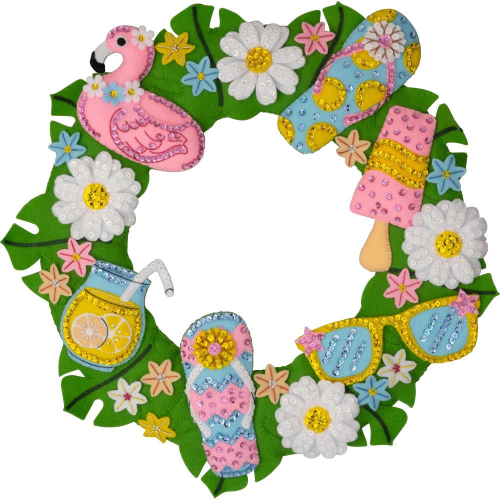 Felt wreath project with pink flamingo, ice pop, flip flops, flowers, lemonade and sunglasses