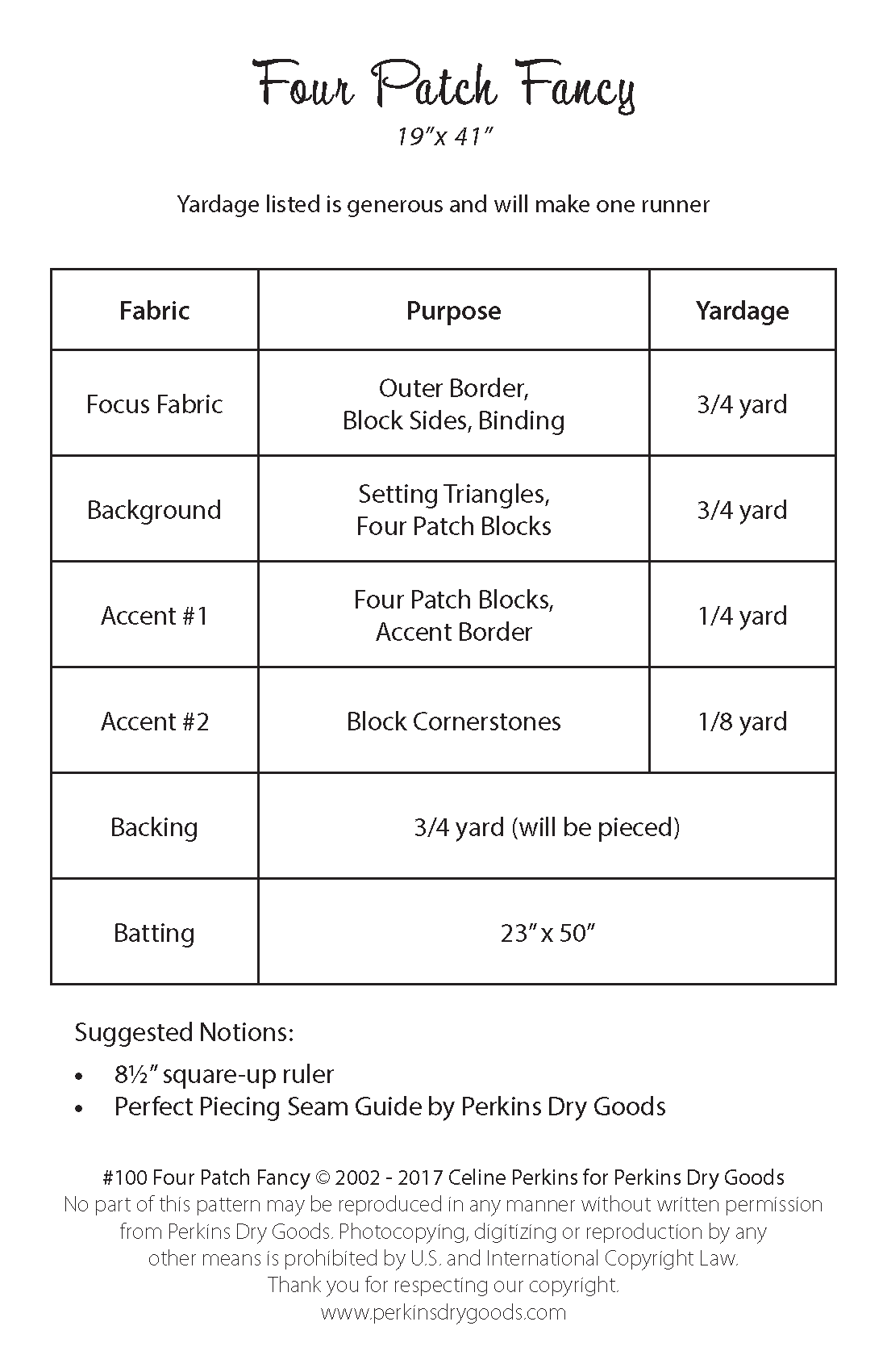 Back of the Four Patch Fancy Quilt Pattern by Perkins Dry Goods