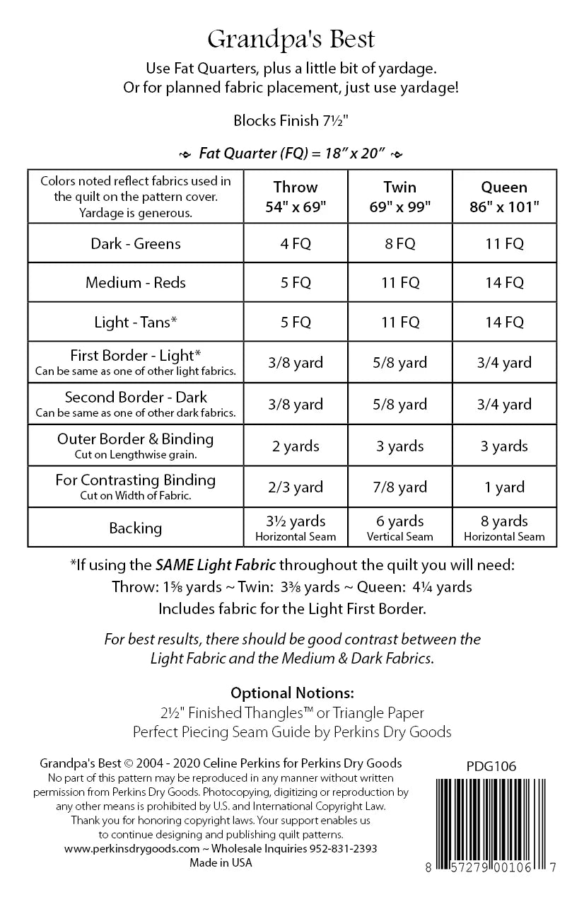 Back of the Grandpa's Best Quilt Pattern by Perkins Dry Goods