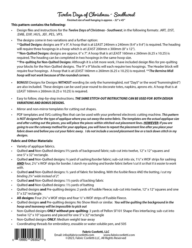 Twelve Days of Christmas - Southwest Machine Embroidery Downloadable Pattern by Fabric Confetti