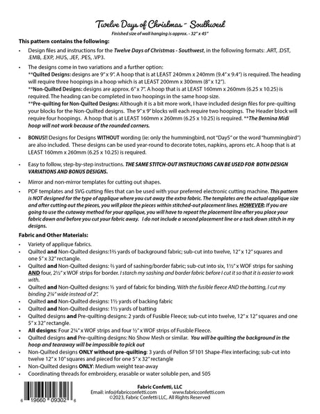 Twelve Days of Christmas - Southwest Machine Embroidery Downloadable Pattern by Fabric Confetti