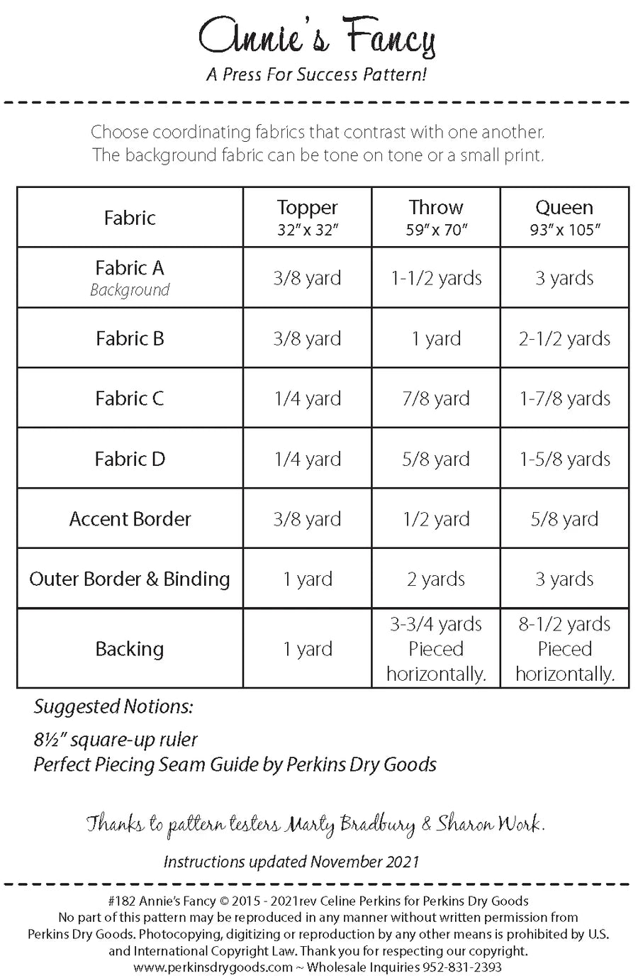 Back of the Annie's Fancy Quilt Pattern by Perkins Dry Goods