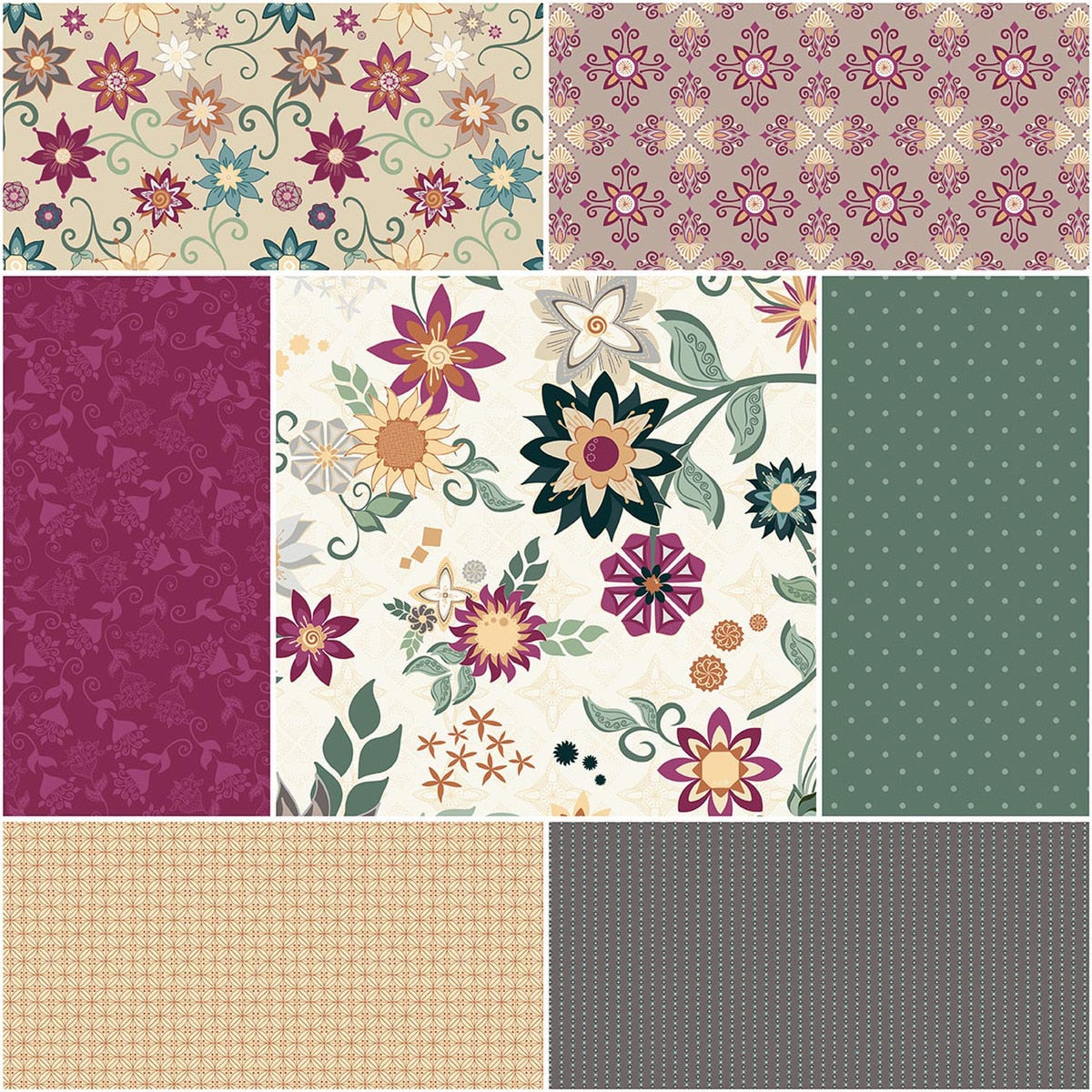 Where the Wild Flowers Are 1 Yard Bundle Cream, 7 Pcs. Quilt Fabric by Judi Madsen