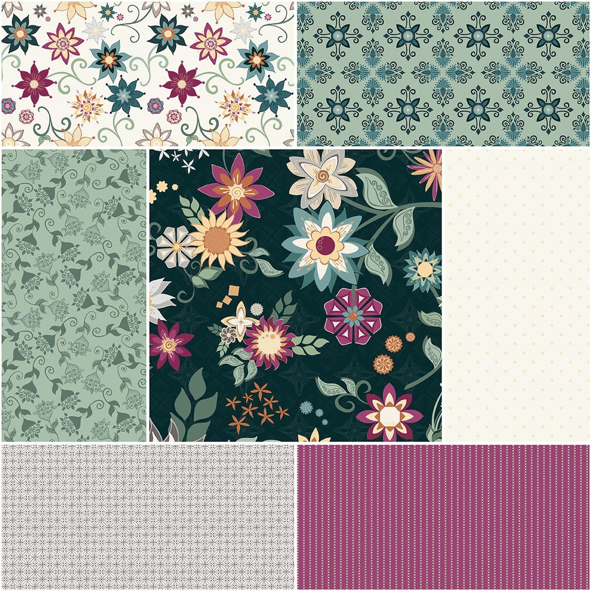 Where the Wild Flowers Are 1 Yard Bundle Dark Teal, 7 Pcs. Quilt Fabric by Judi Madsen