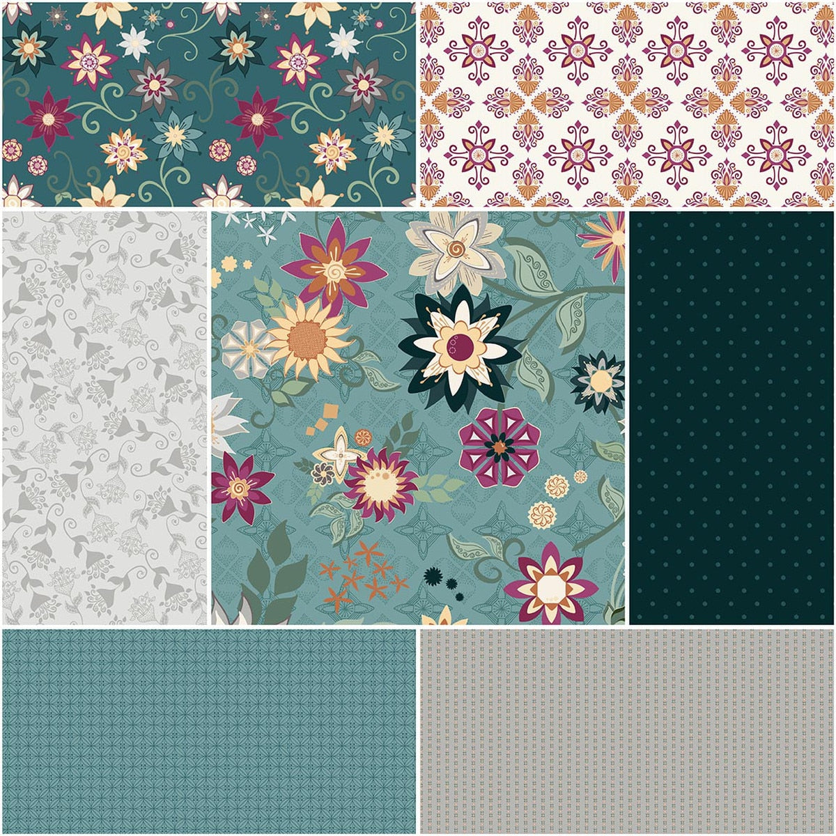 Where the Wild Flowers Are 1 Yard Bundle Wedgewood, 7 Pcs. Quilt Fabric by Judi Madsen