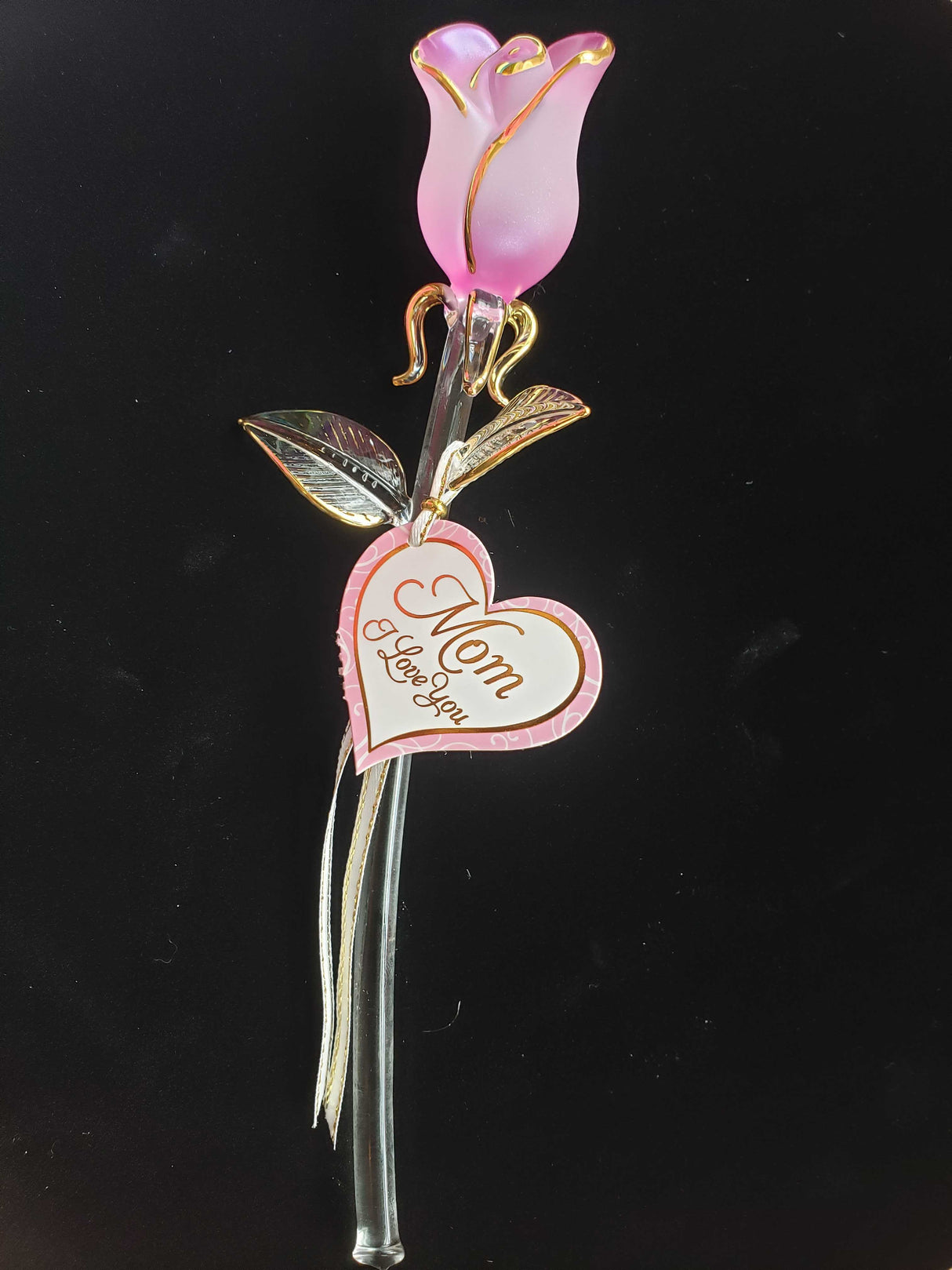 Glass Pink Pearl "Mom, I Love You" Rose Figurine