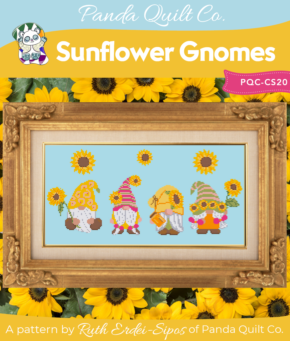 Sunflower Gnomes Downloadable Cross Stitch Pattern by Panda Quilt Co