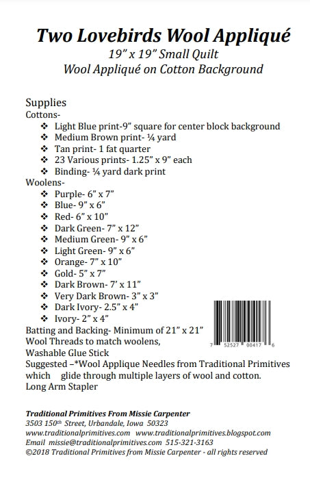 Back of the Two Lovebirds Wool Applique Pattern by Traditional Primitives