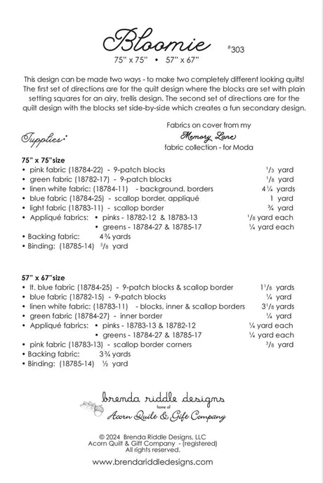 Back of the Bloomie Quilt Pattern by Brenda Riddle Designs