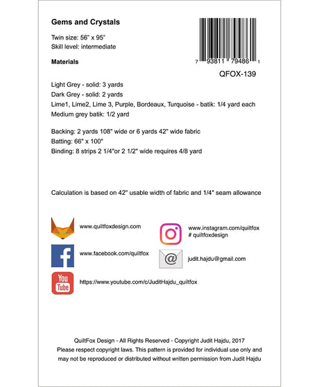 Back of the Gems and Crystals Quilt Pattern by QuiltFox