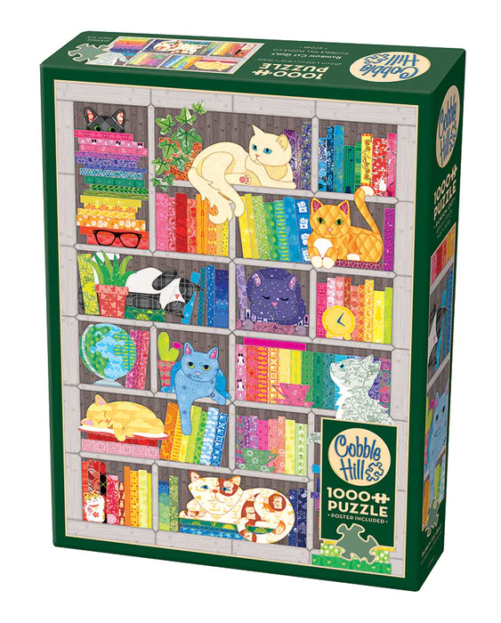 Cobble Hill 1000 Piece puzzle, poster included. Image of cats and quilting fabrics stacked on shelves in a rainbow