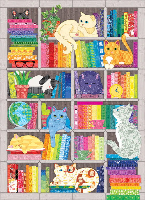 Image of cats and quilting fabrics stacked on shelves in a rainbow