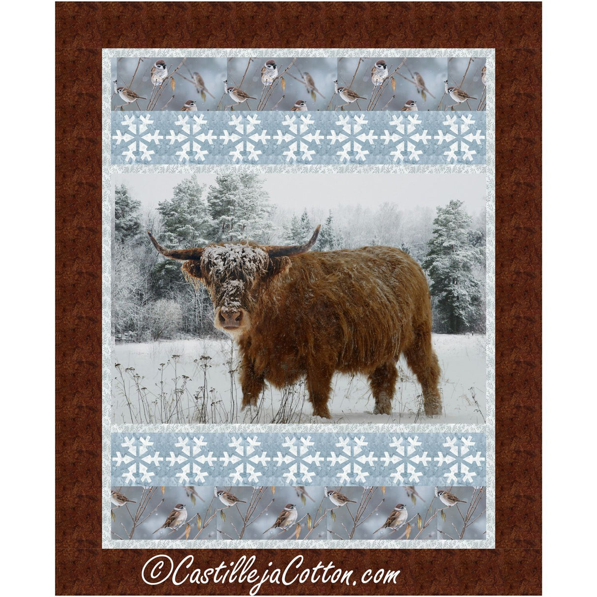Highland Cow and Sparrows Downloadable Pattern by Castilleja Cotton