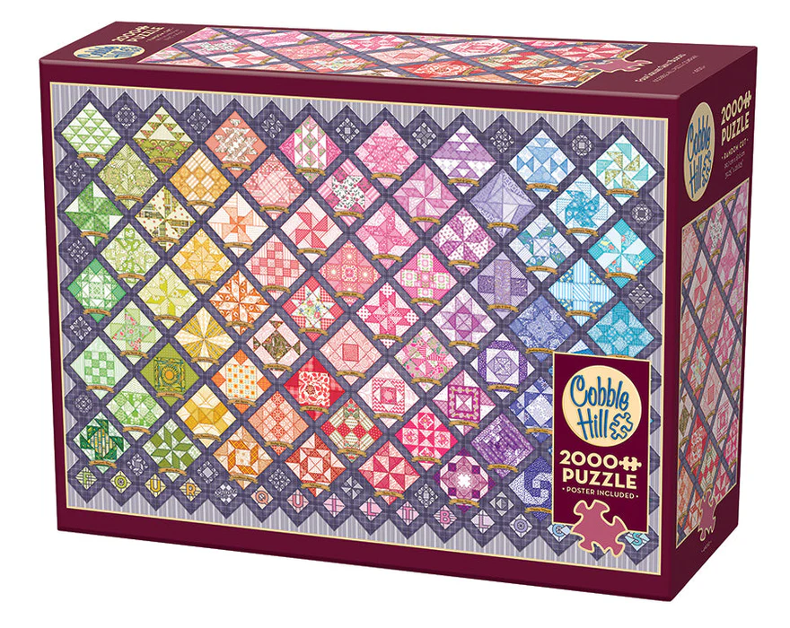 Cobble Hill 2000 Piece Puzzle, poster included - image of a pastel rainbow gradient of quilt blocks with varying patterns