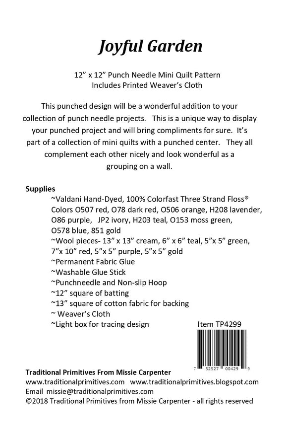 Back of the Joyful Garden Punchneedle Pattern by Traditional Primitives