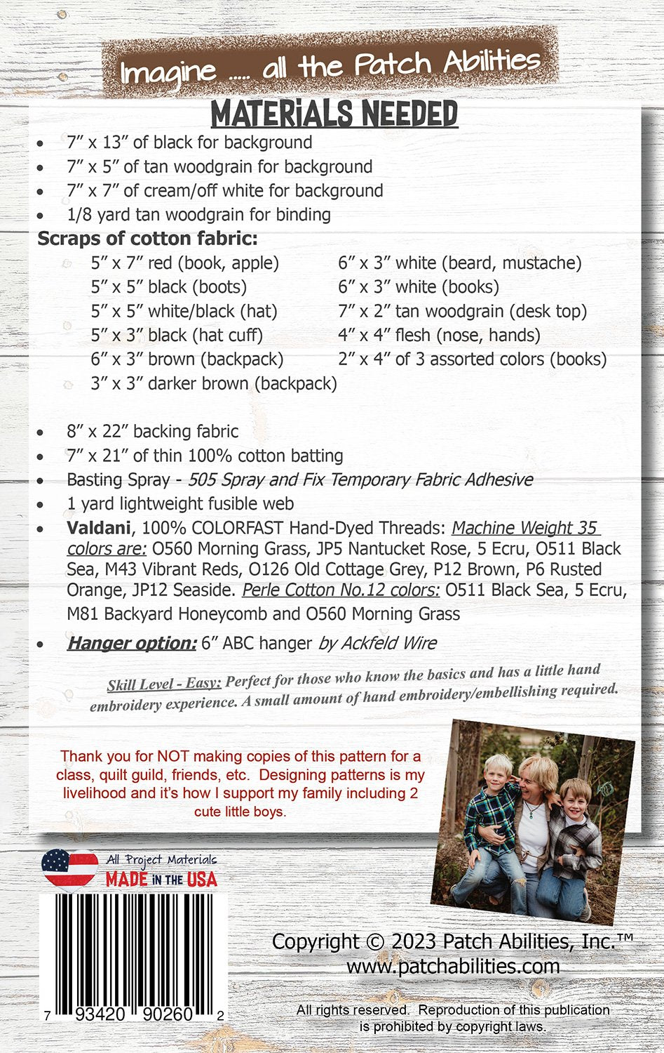 Back of the Smart E. Pants Quilt Pattern by Patch Abilities - Patterns