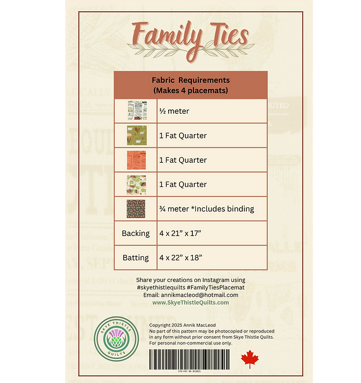 Back of the Family Ties Downloadable Pattern by Skye Thistle Quilts