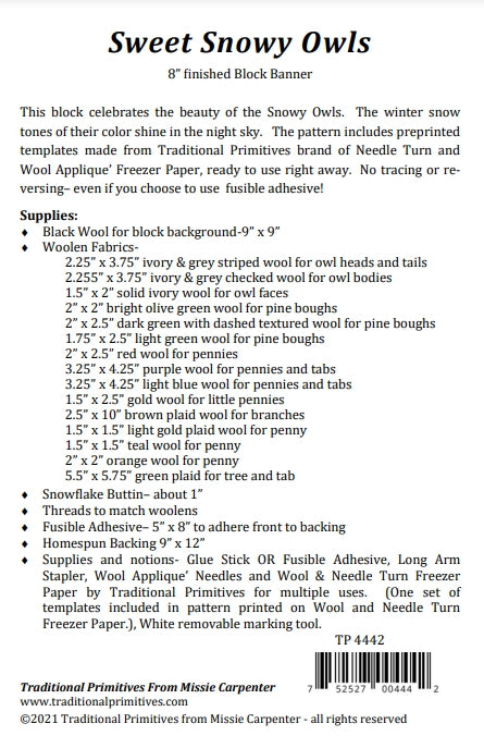 Back of the Sweet Snowy Owls Wool Applique Pattern by Traditional Primitives