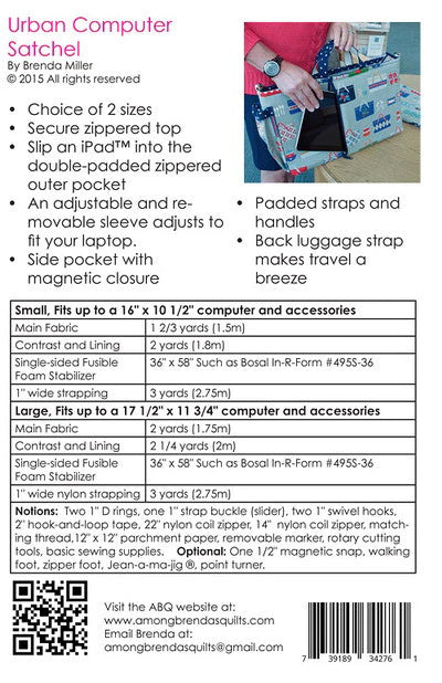 Back of the Urban Computer Satchel Pattern by Among Brenda's Quilts and Bags
