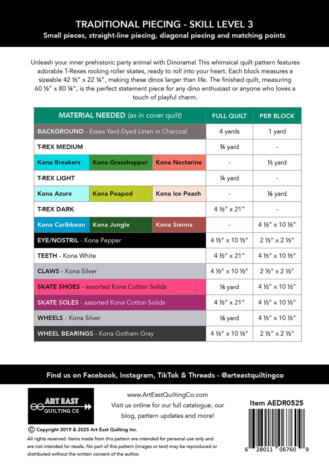 Back of the Dinorama - T-Rex on Roller Skates Quilt Pattern by Art East Quilting CO