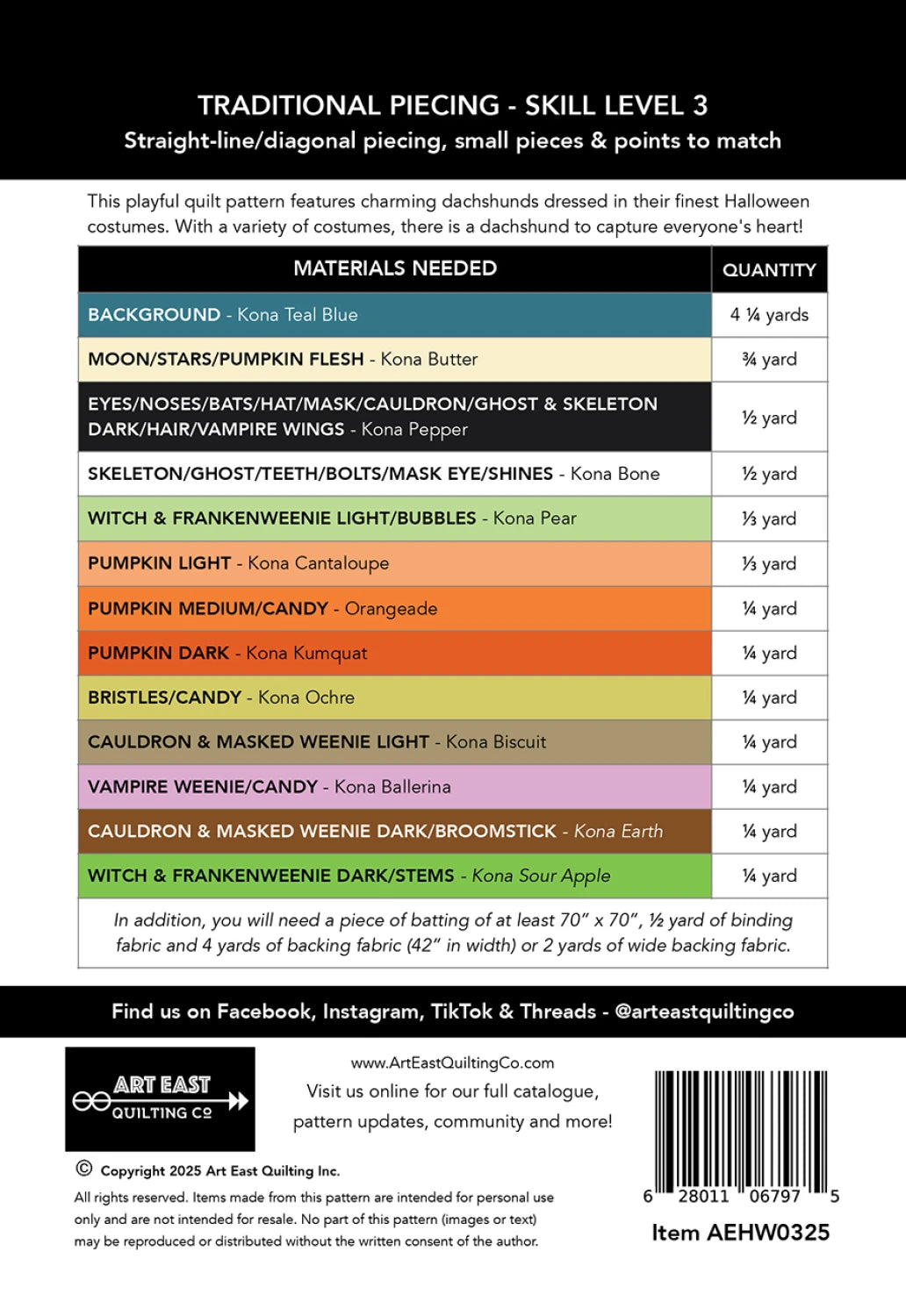 Back of the Halloweenies Quilt Pattern by Art East Quilting Co.