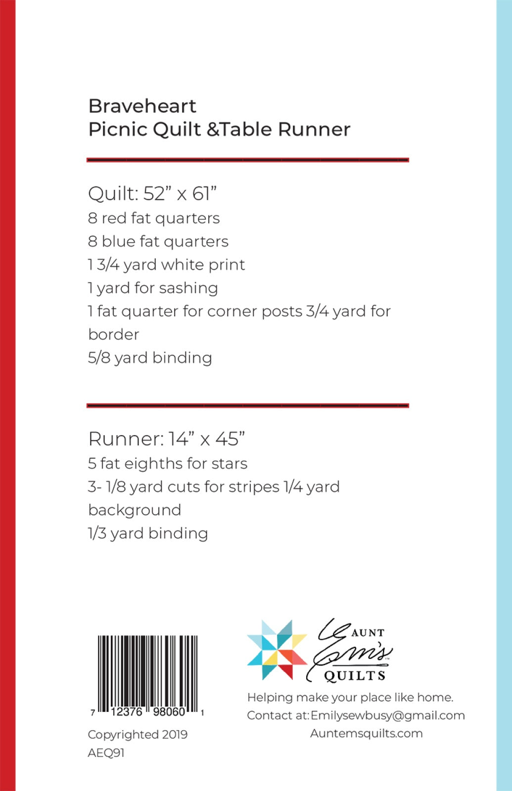 Back of the Braveheart Quilt Pattern by Aunt Em's Quilts