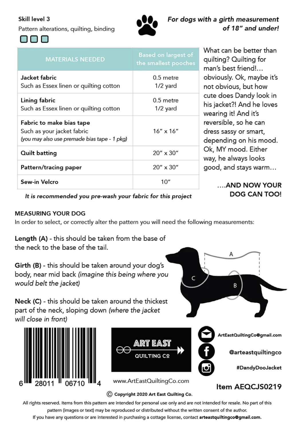 Back of the Dandy Doo Jacket Pattern for Small Dogs by Art East Quilting Co.