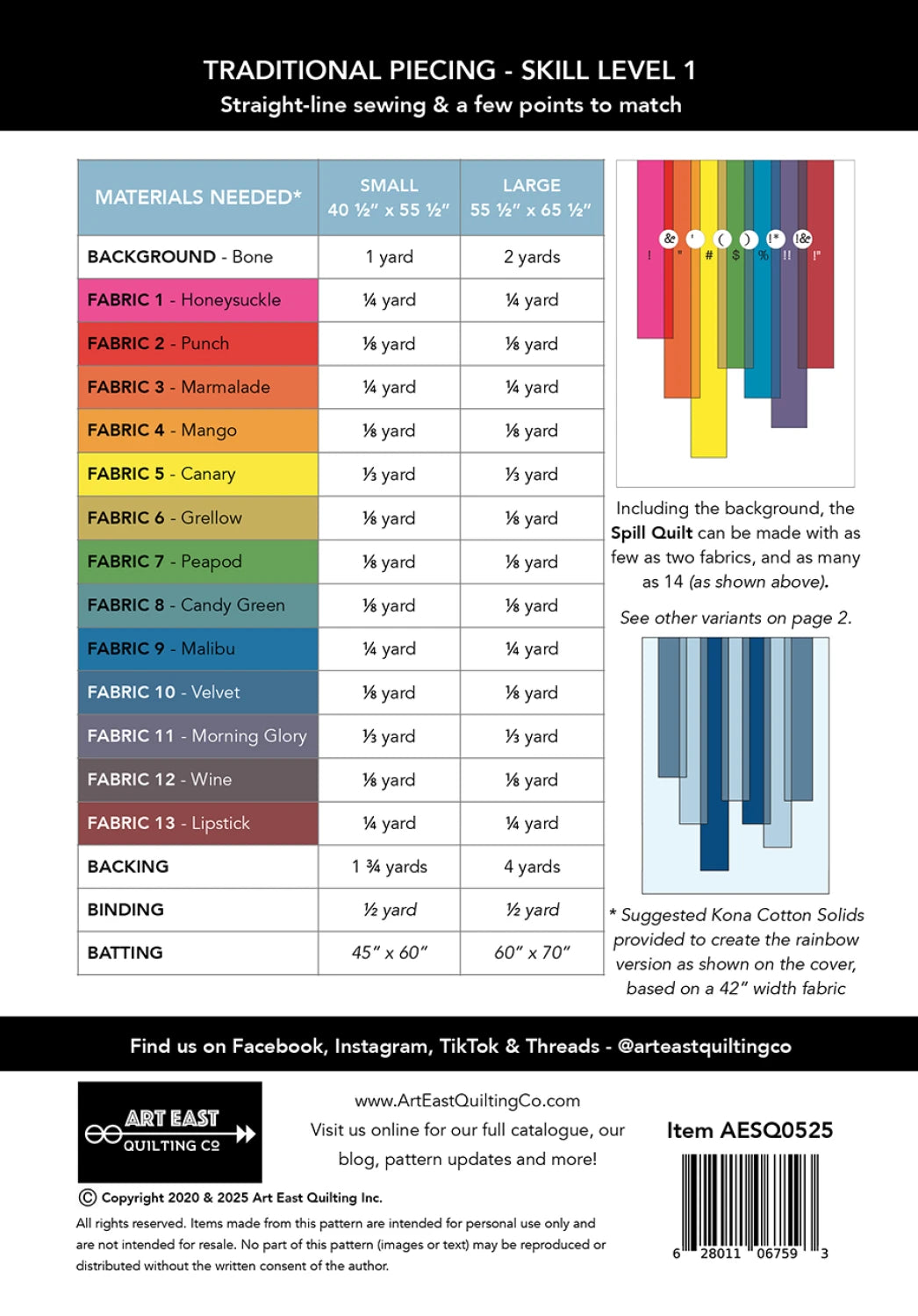 Back of the The Spill Quilt Pattern by Art East Quilting CO