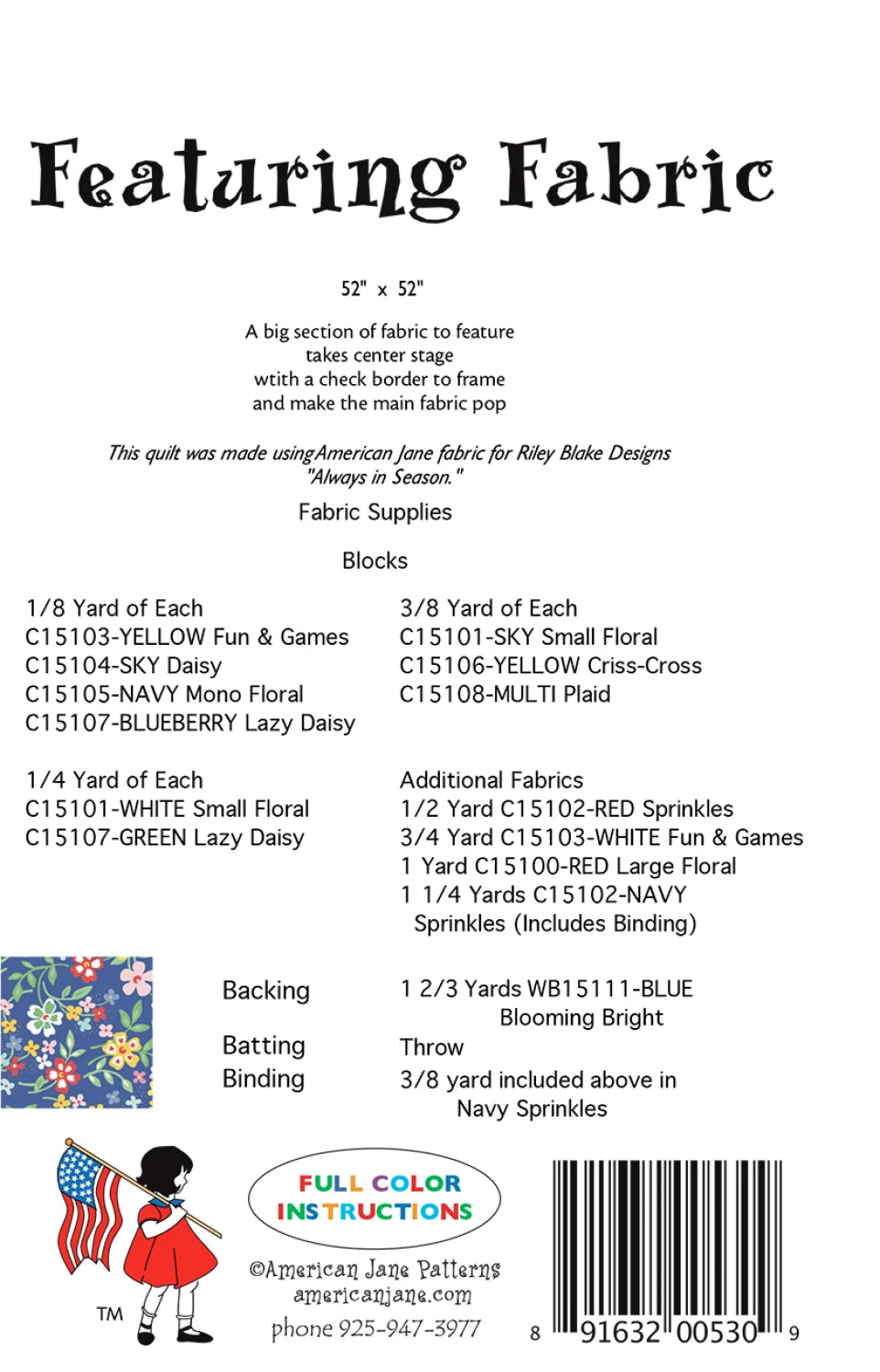 Back of the Featuring Fabric Quilt Pattern by American Jane Patterns