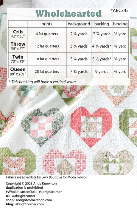 Back of the Wholehearted Quilt Pattern by A Bright Corner
