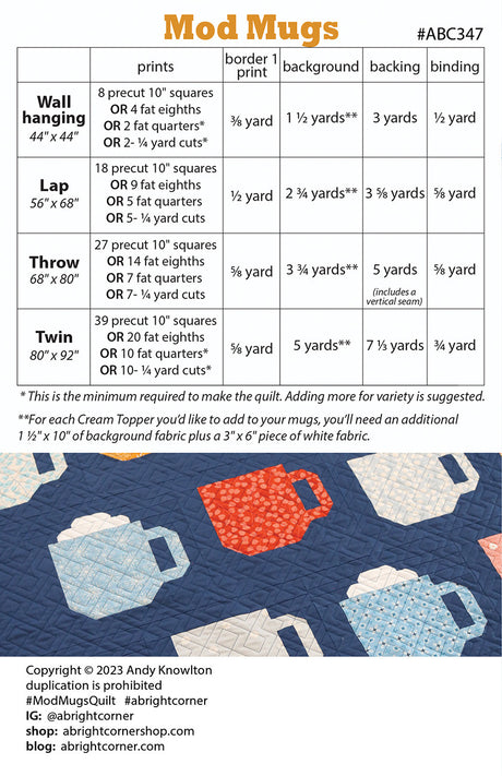 Back of the Mod Mugs Quilt Pattern by A Bright Corner