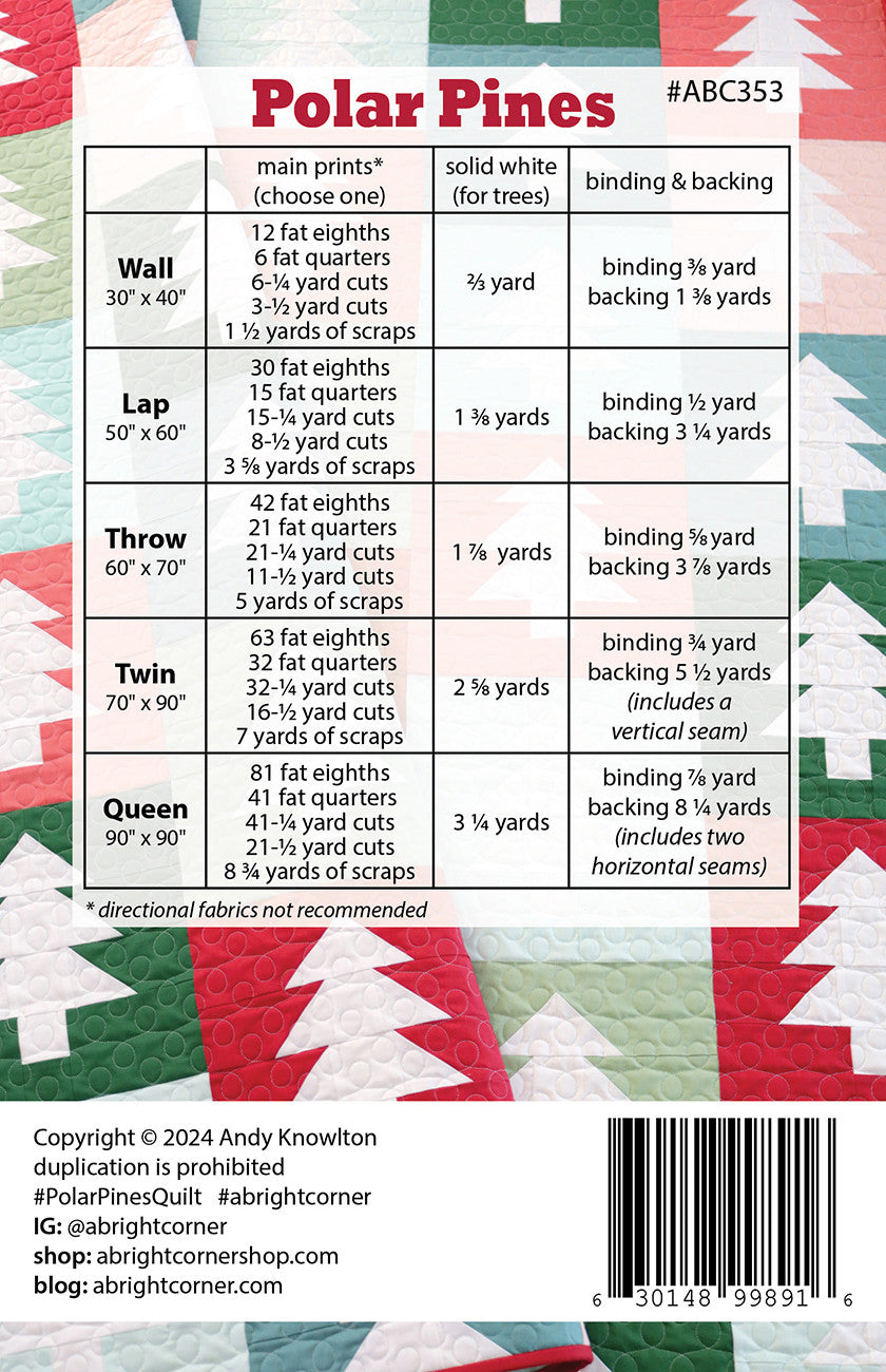 Back of the Polar Pines Quilt Pattern by A Bright Corner