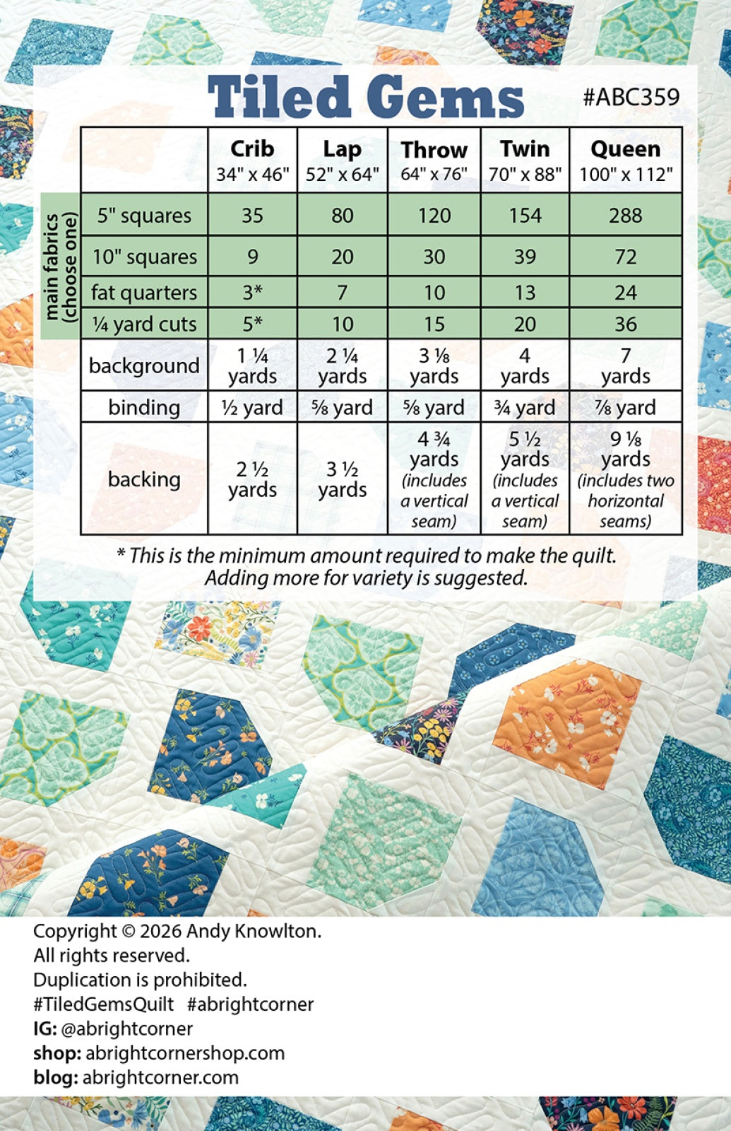 Back of the Tiled Gems Quilt Pattern by A Bright Corner