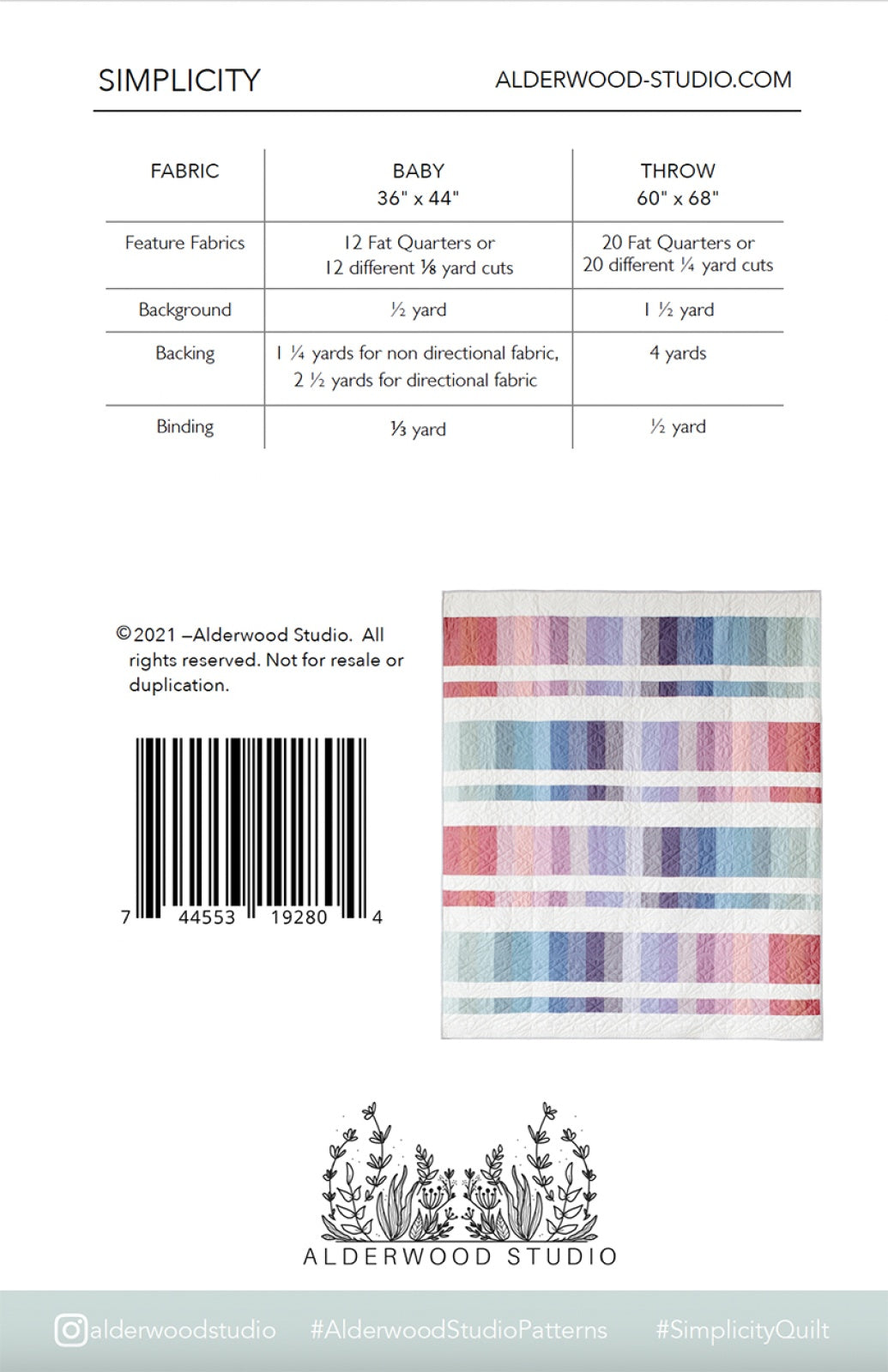 Back of the Simplicity Quilt Pattern by Alderwood Studio Patterns
