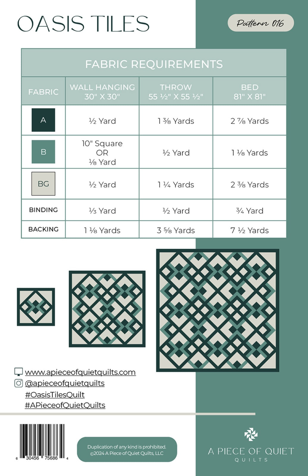Back of the Oasis Tiles Quilt Quilt Pattern by A Piece Of Quiet Quilts