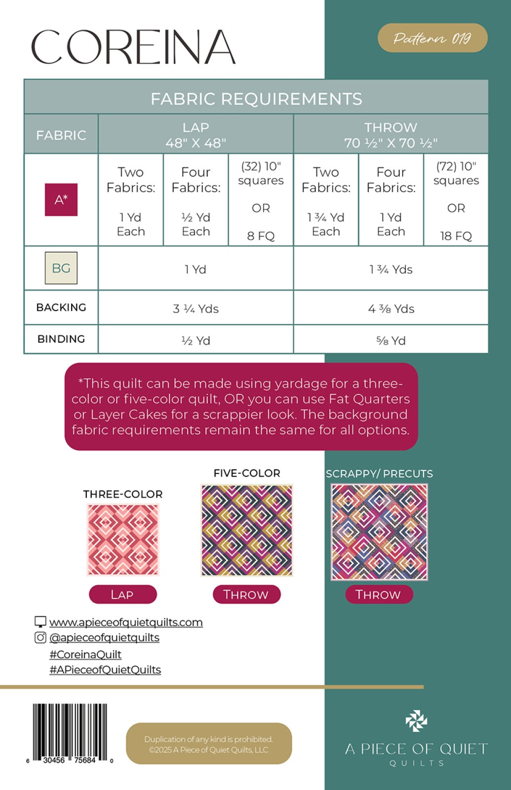Back of the Coreina Quilt Quilt Pattern by A Piece Of Quiet Quilts
