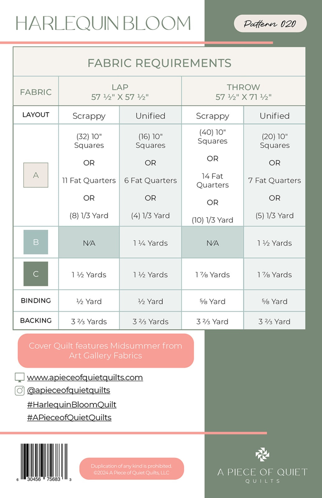 Back of the Harlequin Bloom Quilt Quilt Pattern by A Piece Of Quiet Quilts