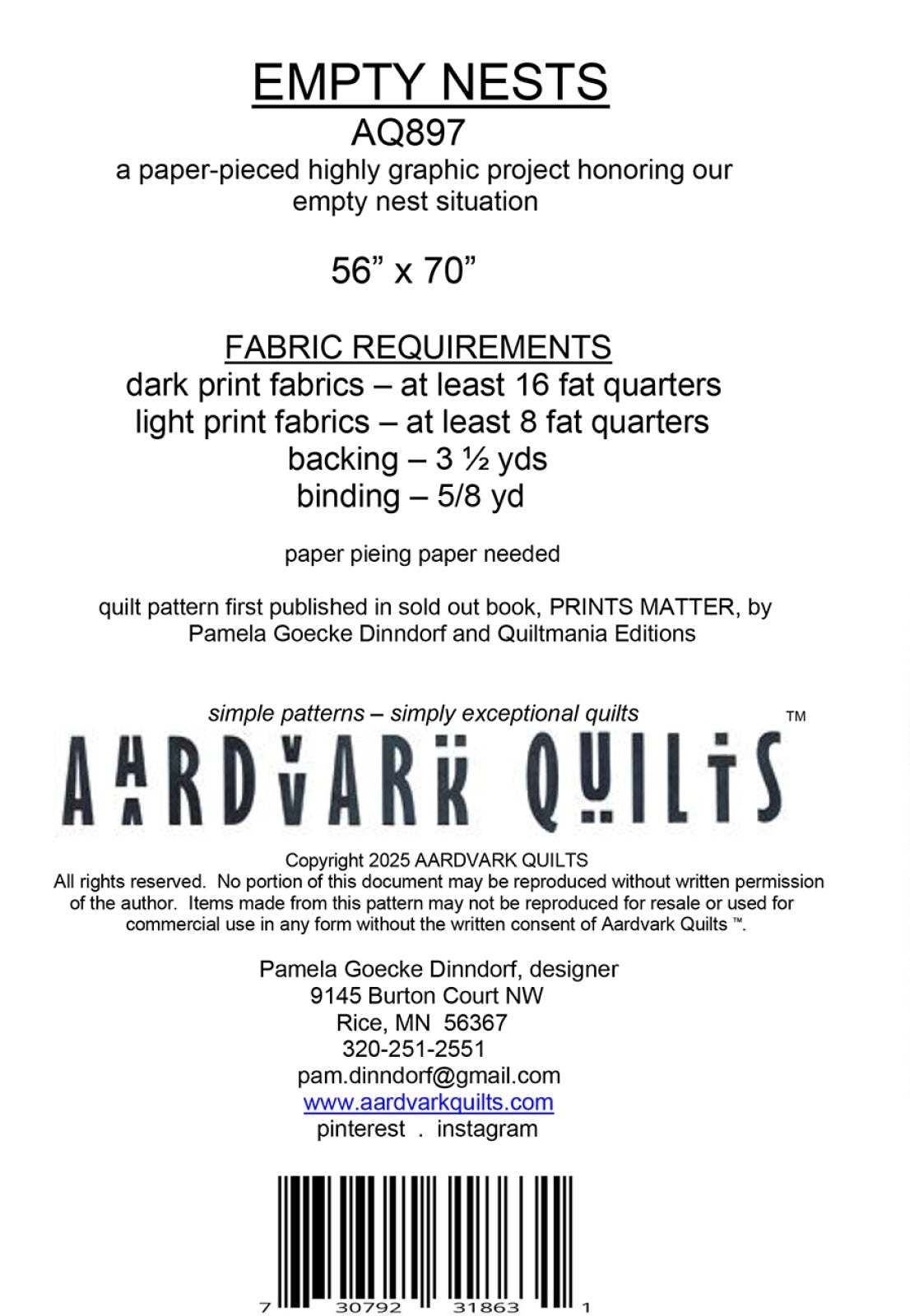 Back of the Empty Nests Quilt Pattern by Aardvark Quilts