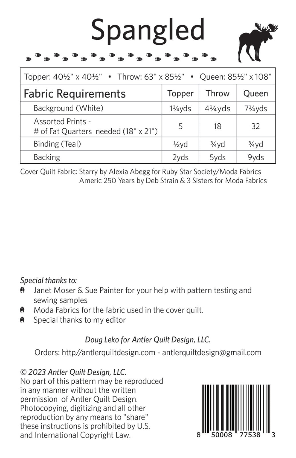 Back of the Spangled Quilt Pattern by Antler Quilt Design