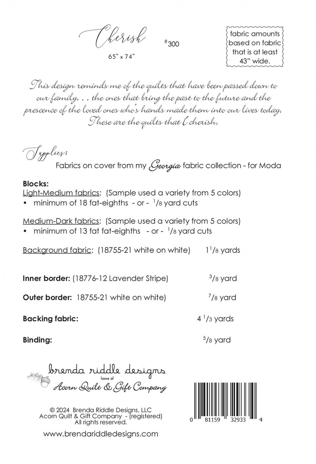 Back of the Cherish Quilt Pattern by Acorn Quilt and Gift Company