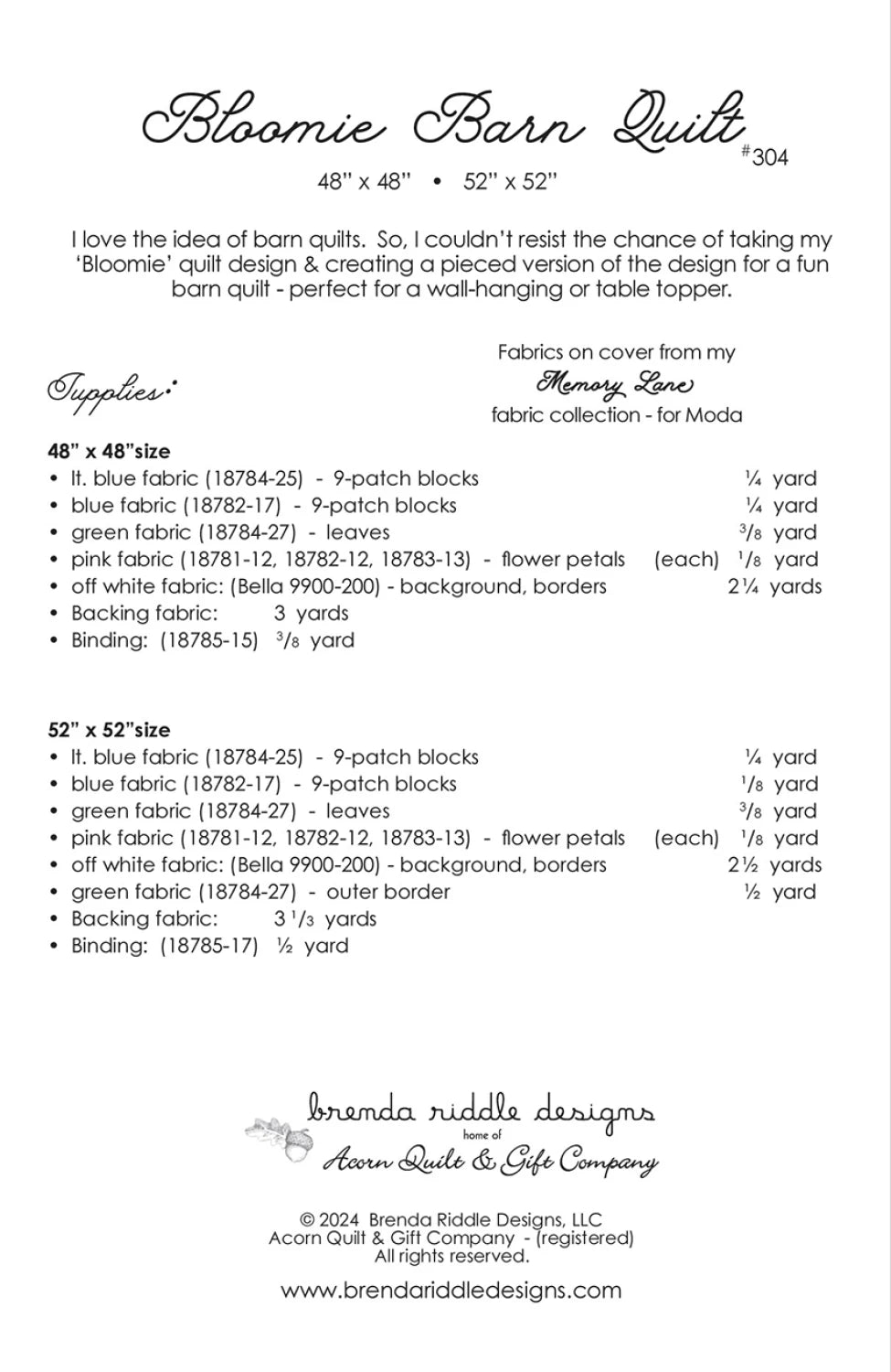 Back of the Bloomie Barn Quilt Quilt Pattern by Acorn Quilt & Gift Compan