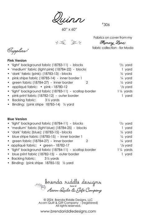 Back of the Quinn Quilt Pattern by Acorn Quilt & Gift Company