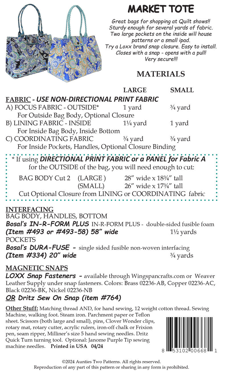 Back of the Market Tote Pattern by Aunties Two