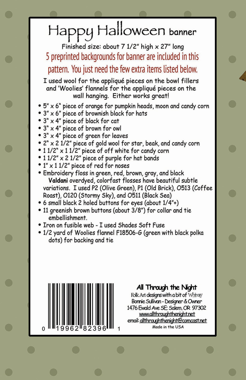 Back of the Happy Halloween Banner Quilt Pattern by All Through The Night