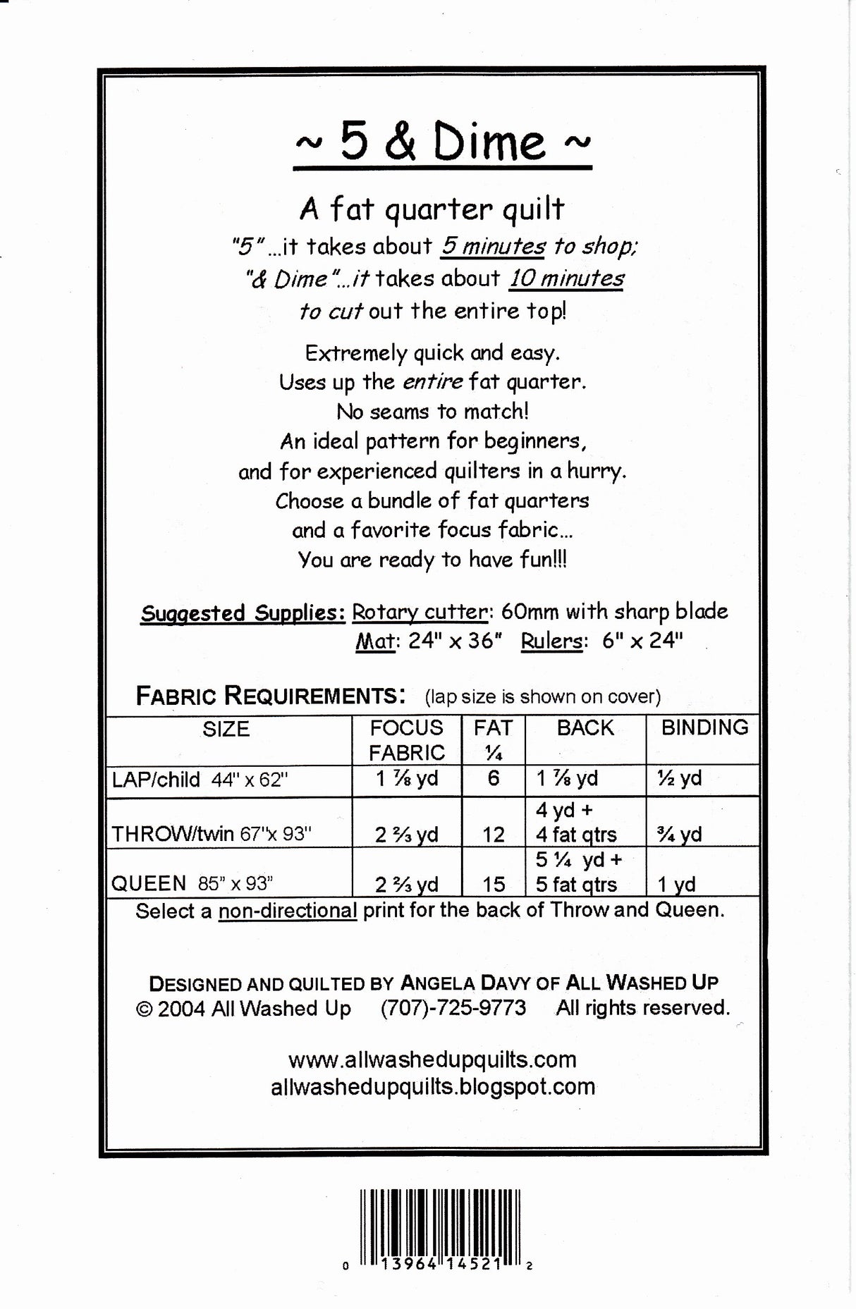Back of the 5 & Dime Revised Quilt Pattern by All Washed Up