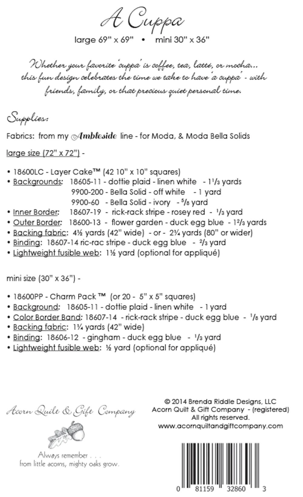 Back of the A Cuppa Quilt Pattern by Brenda Riddle Designs