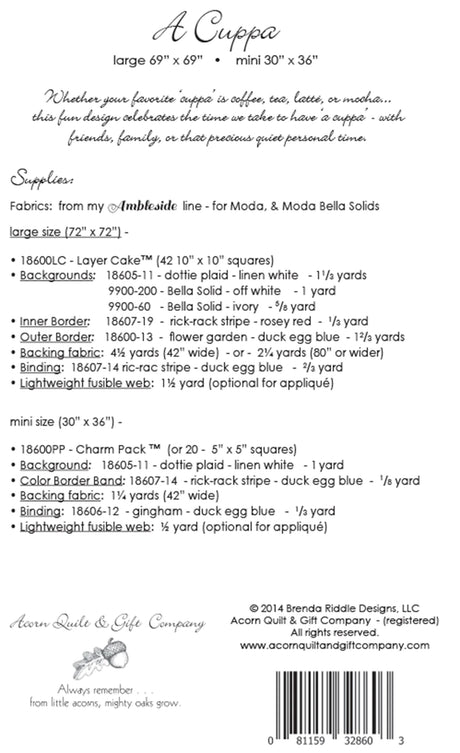 Back of the A Cuppa Quilt Pattern by Brenda Riddle Designs