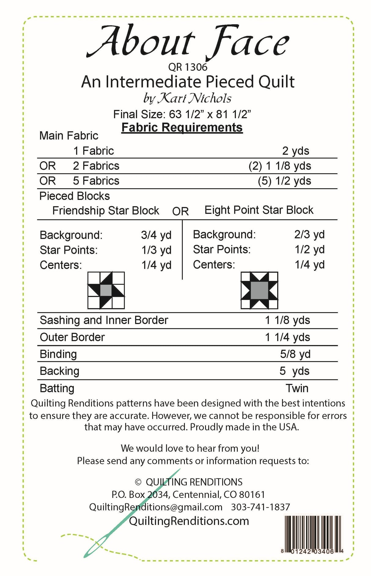 Back of the About Face Downloadable Pattern by Quilting Renditions