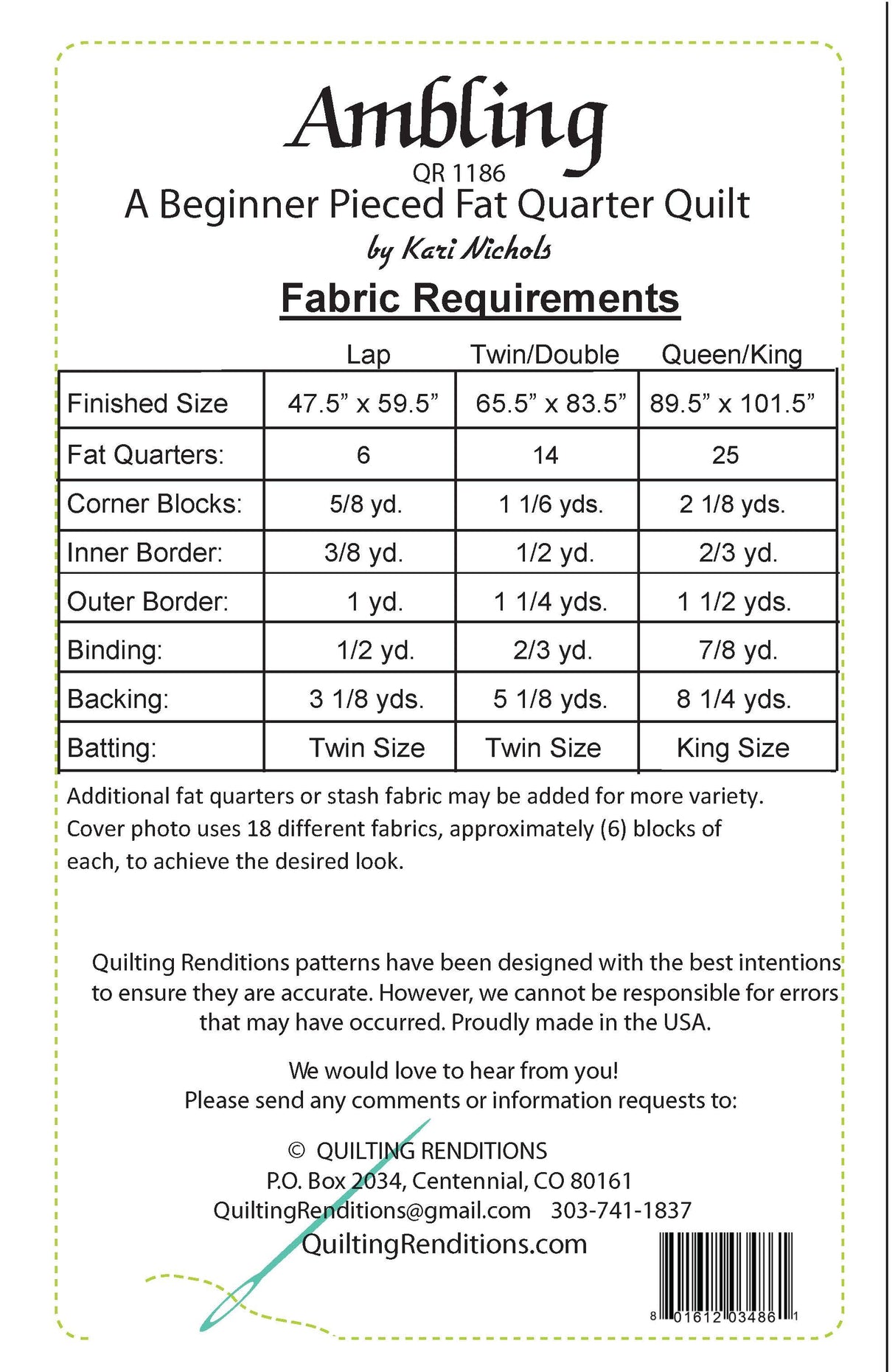 Back of the Ambling Pattern by Quilting Renditions